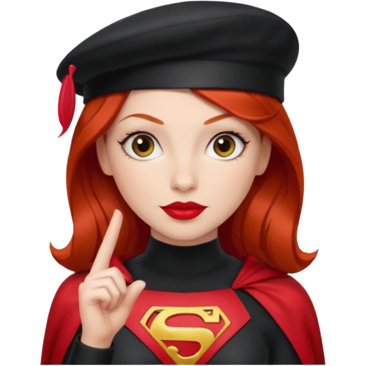 Uma ruiva feliz com batom vermelho com roupa vermelha tipo heroína, com uma boina preta, e uma cara mais “seria” fazendo pose com a mão. emoji