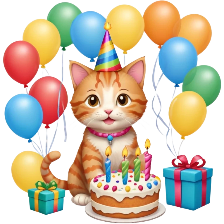 Ginger tabby kitten birthday, birthday hat, birthday cake, balloons, happy, gifts emoji