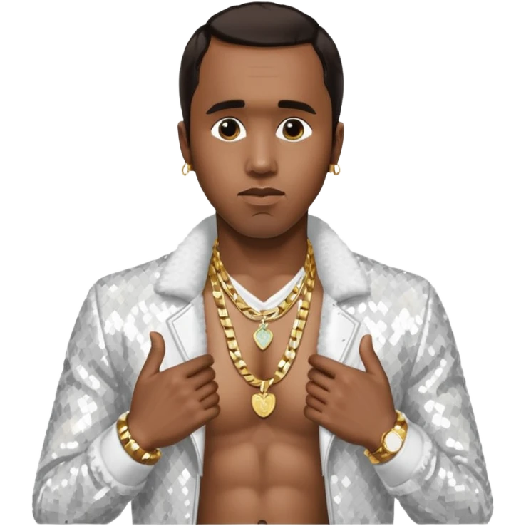P. Diddy with dark brown hair, white sequin jacket, shirtless with necklace emoji