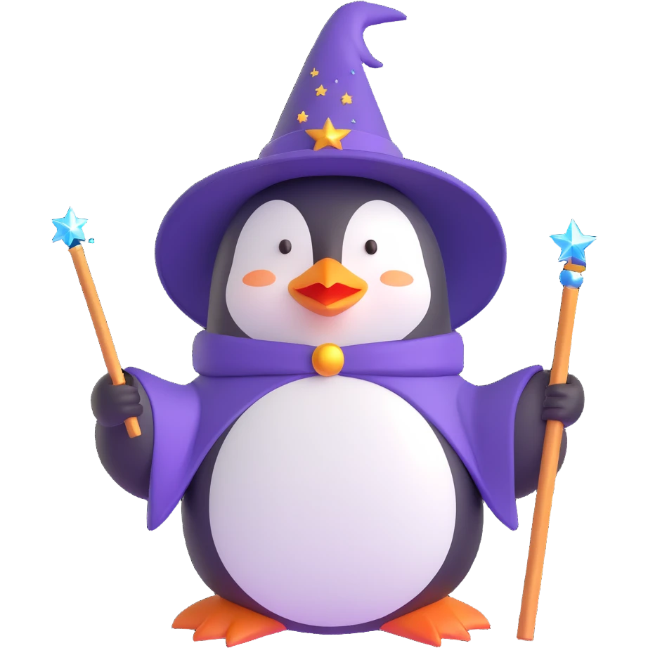 whimsical penguin wizard casting a spell with sparkles emoji