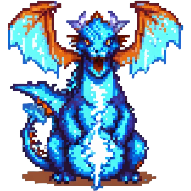 pixel art style dragon breathing blue fire from its mouth, animated emoji