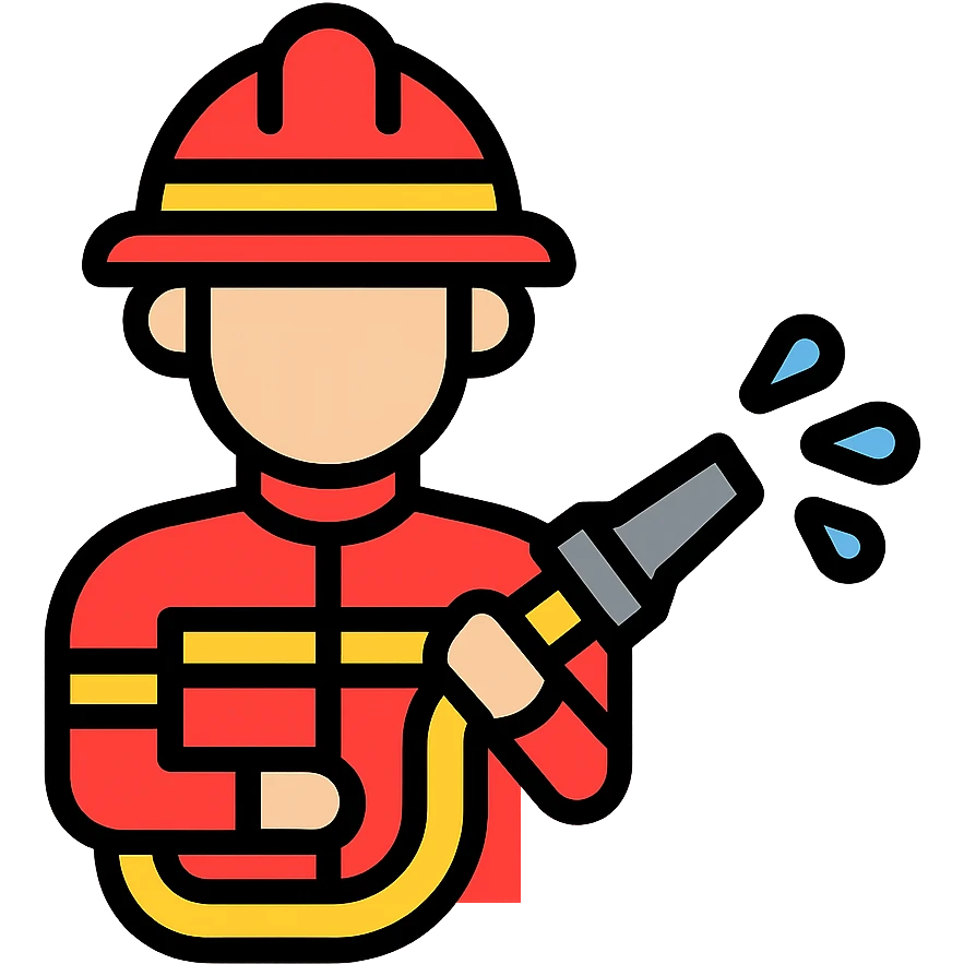 firefighter holding a water hose, minimalistic icon, simple lines, red and yellow accents emoji