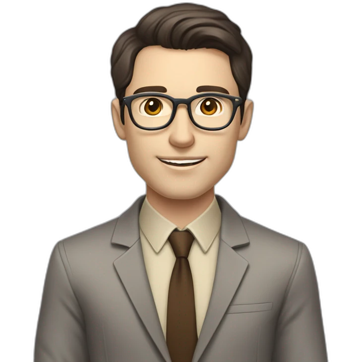 Pale skinned fit man with dark brown hair in gray jacket, beige office shirt, brown tie, brown pants and vintage glasses Writing on the flipchart emoji