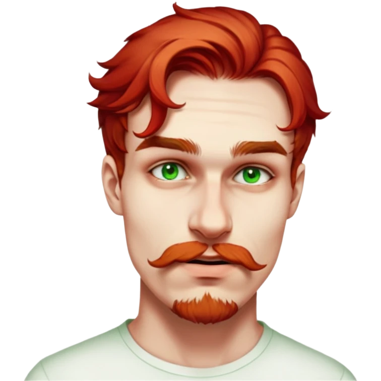male, wearing white shirt, realistic, brown faint mustache, brown chin beard, light-green eyes, red hair wavy, septum-piercing emoji