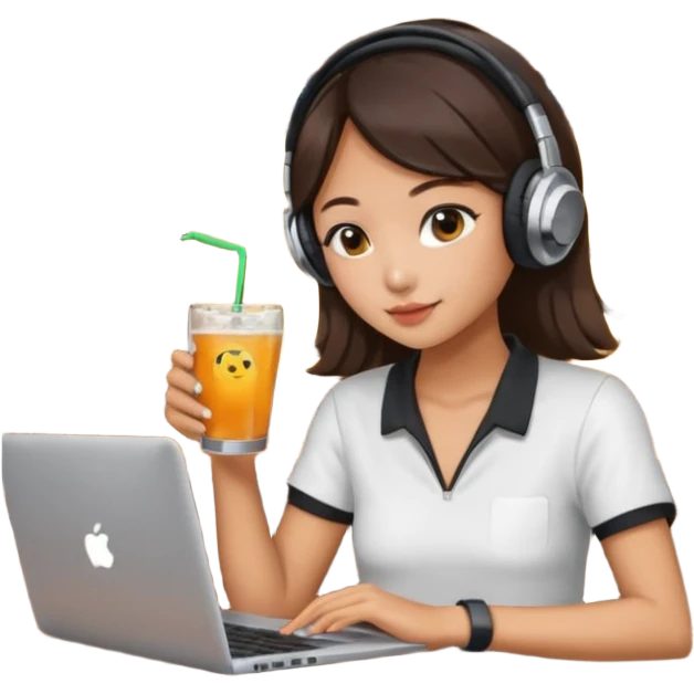 A Korean girl at a dive bar with a laptop and headphones on holding a drink  emoji