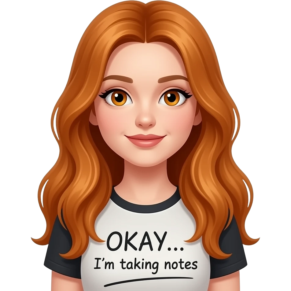sexy girl with overlong ginger hair and ginger eyes a top with OKAY... I'm taking notes written on it emoji