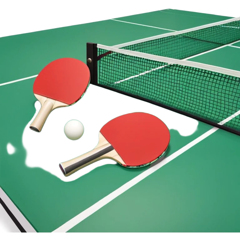 Two table tennis paddles and a ball placed on a ping pong table, with the net in the background. The scene conveys the simplicity and focus of the sport, with vibrant colors highlighting the rackets and ball on the smooth surface of the table. emoji