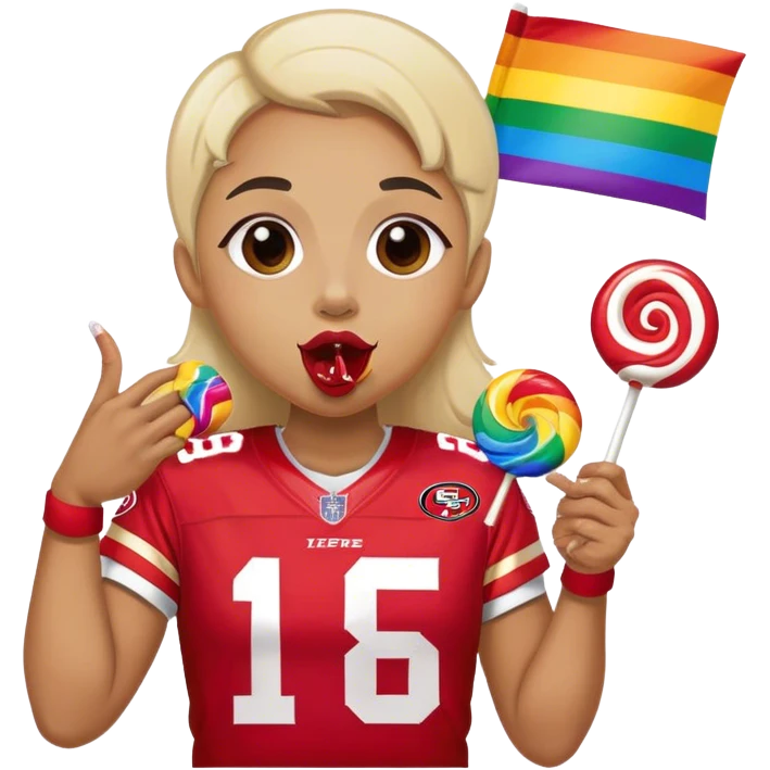Gay pride 49ers fan licking rainbow lollipop and holding rainbow flag emoji