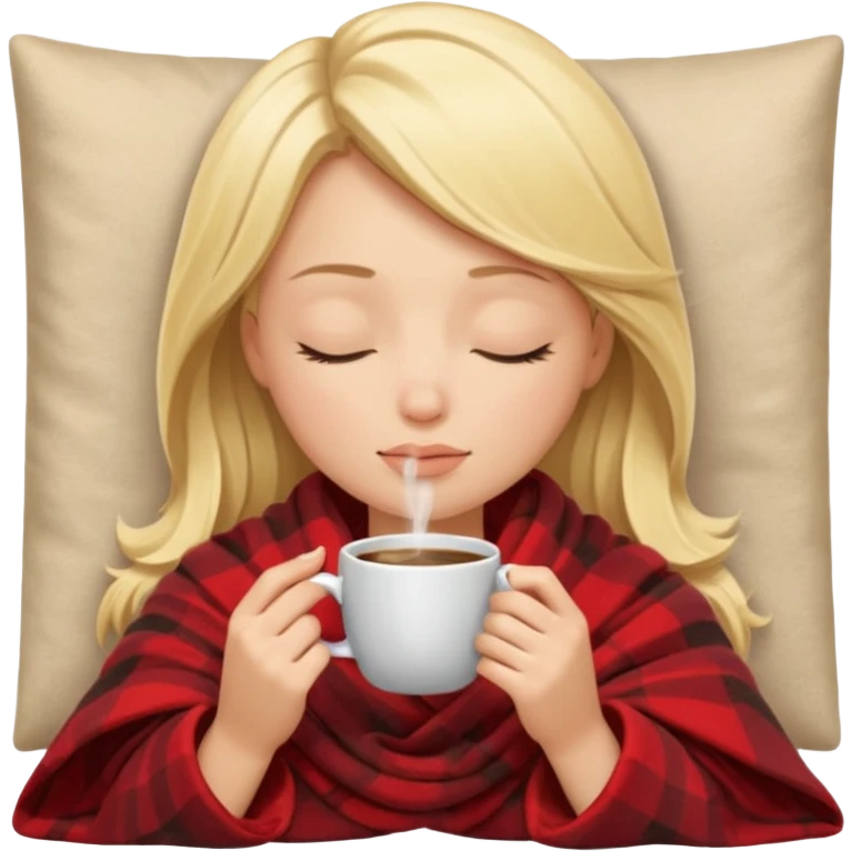 Blonde girl inside a blanket sipping coffee eyes closed emoji