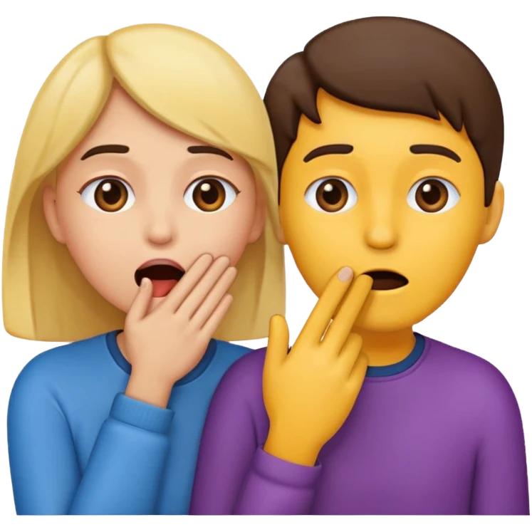 Emoji of two people, one whispering into the other’s ear with a hand covering their mouth. Surprised reaction. Simple emoji style, flat design, bright colors, thick outlines. emoji