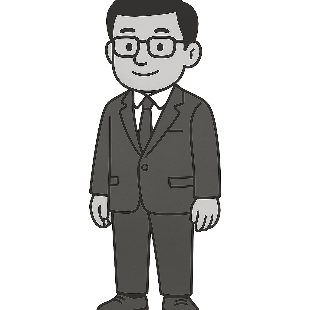 A professional and friendly Asian male character in his 30s-40s, with a balanced build, neat black short hair, and black-framed glasses. He is wearing a dark blue suit jacket, white shirt, and dark blue tie, with brown leather shoes. He is standing upright with a relaxed and confident posture, hands naturally at his sides, and feet slightly apart. emoji