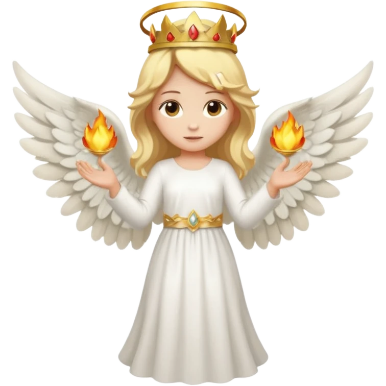 Full-body emoji-style angel: blonde hair, golden flame crown, halo, large wings, white dress, full body visible from head to feet, cute smooth emoji look. emoji
