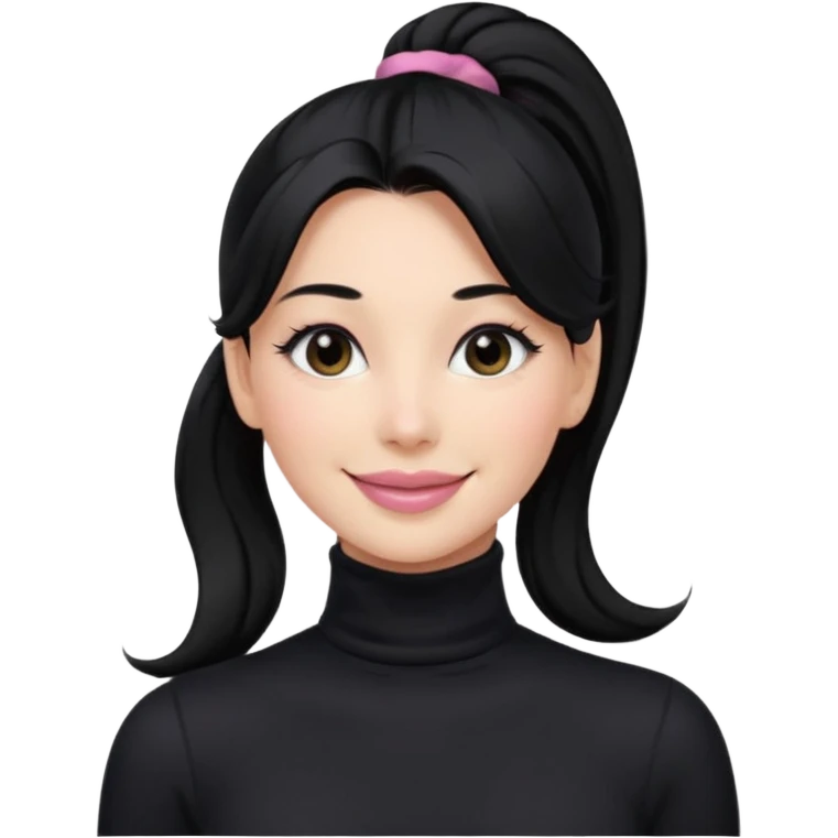 a woman with long sleeve turtle neck top and smile, her hair is long black pony tail, her eyes color are black and the color of her lip is soft pink emoji
