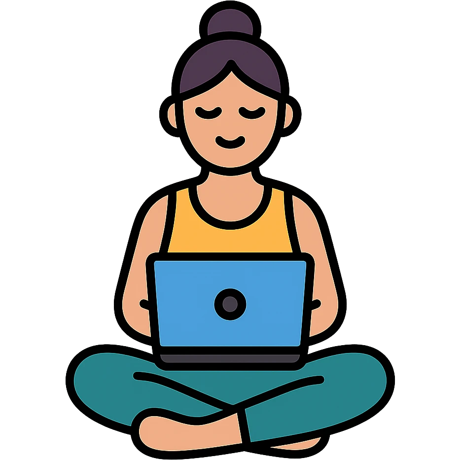 yoga teacher sitting cross-legged with a laptop, colored icon with black outlines emoji