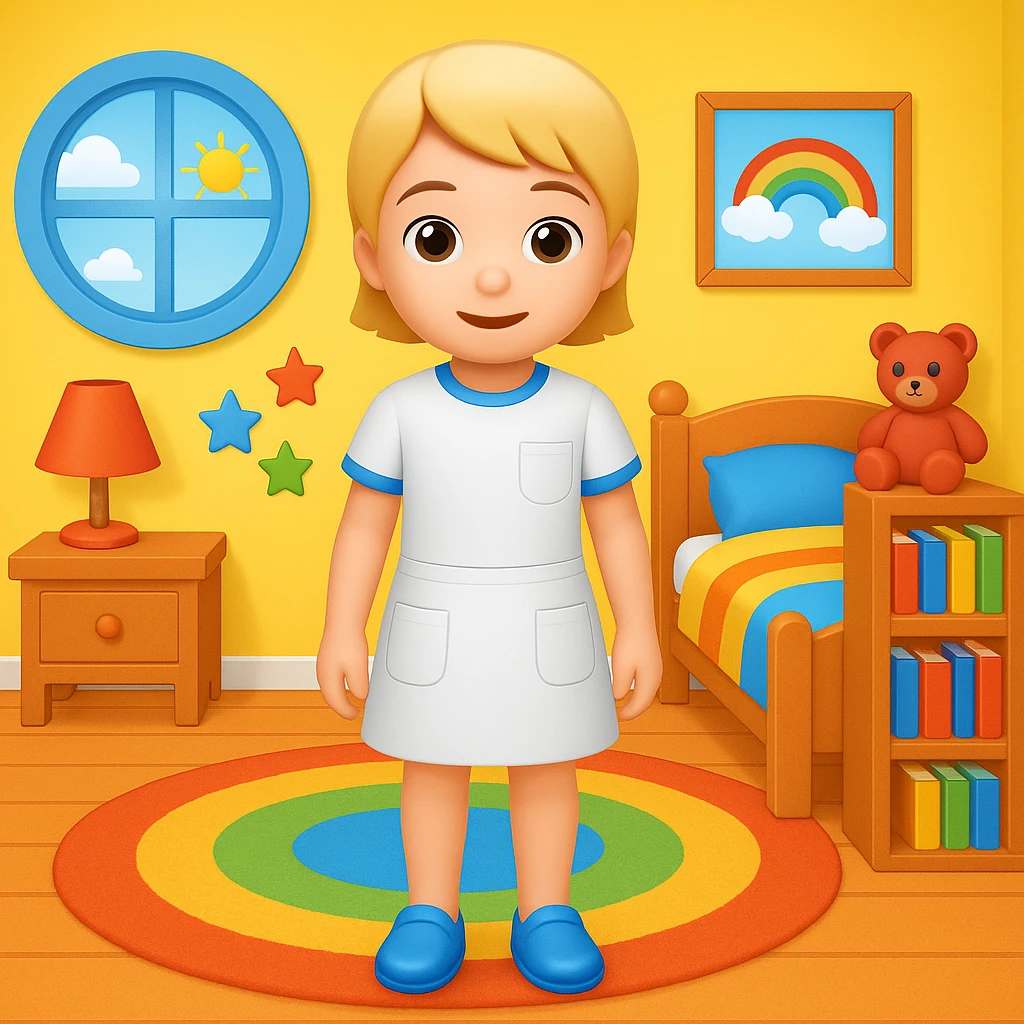 Add a colorful bedroom background with bright walls, playful decorations, and a cozy rug. Keep the room tidy and inviting in emoji style emoji