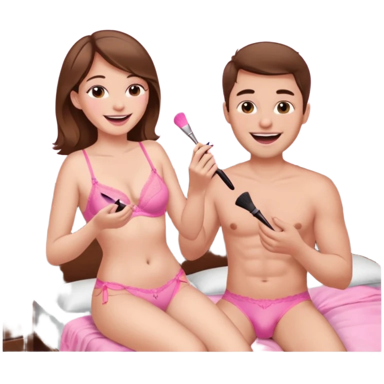 brown hair male getting sissified in pink lingerie dress by his wife. the wife is crying with laughter. she is doing makeup emoji