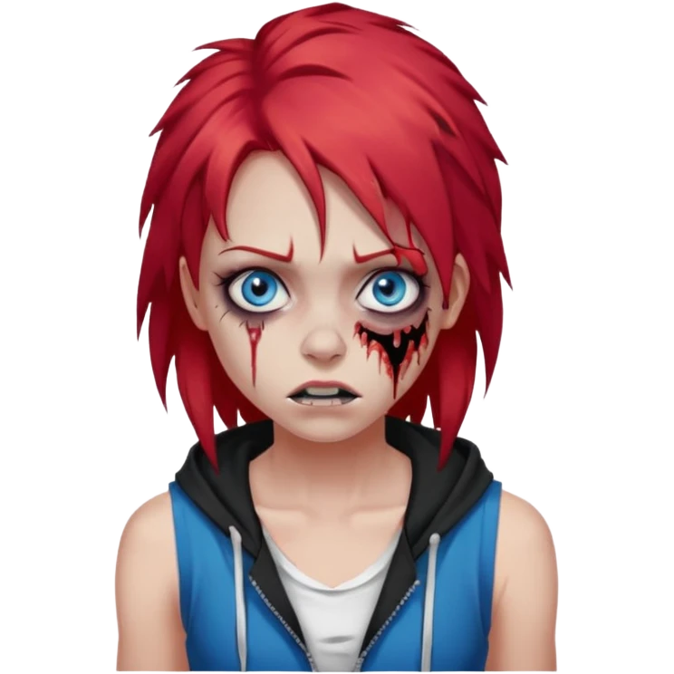 сделай рыжую девушку зомби с избитым лицом, не в полный рост, пусть ее рыжие волосы будут ниже груди с осветленными прядями, глаза у нее будут голубые, а одета она будет в дранную белую майку и черную зип худи emoji