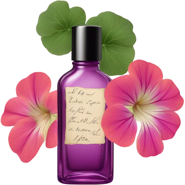 Aesthetic display of blush violet nasturtiums, an elegant deep pink perfume bottle, and a vintage love violet letter written in flowing script. emoji