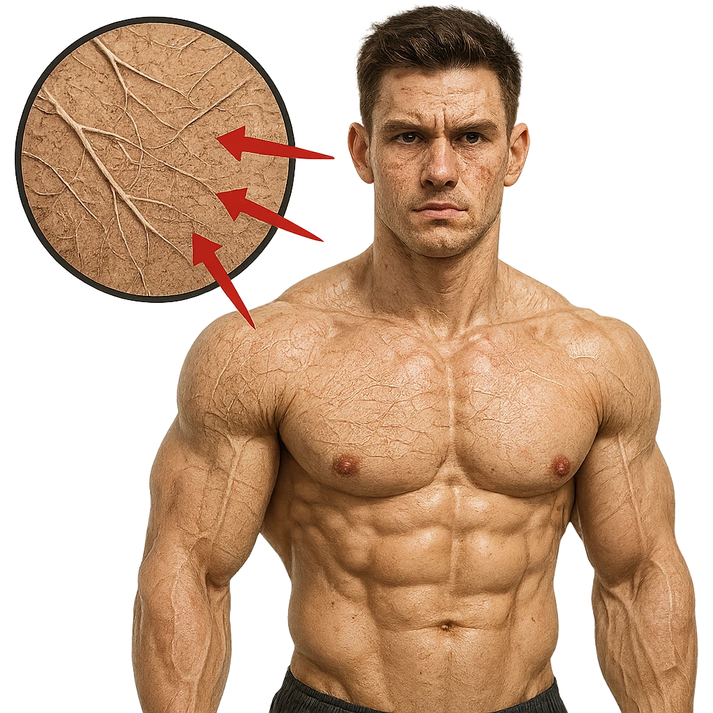 25-year-old bodybuilder, low collagen, hyper realistic style, defined muscles, skin with zoom effect on sparse collagen fibers, red arrows, clinical atmosphere, white background emoji