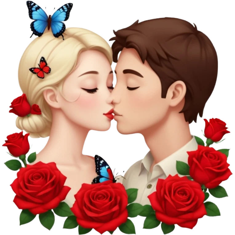 Hyper Realistic Couple kissing surrounded by roses and butterflies emoji emoji