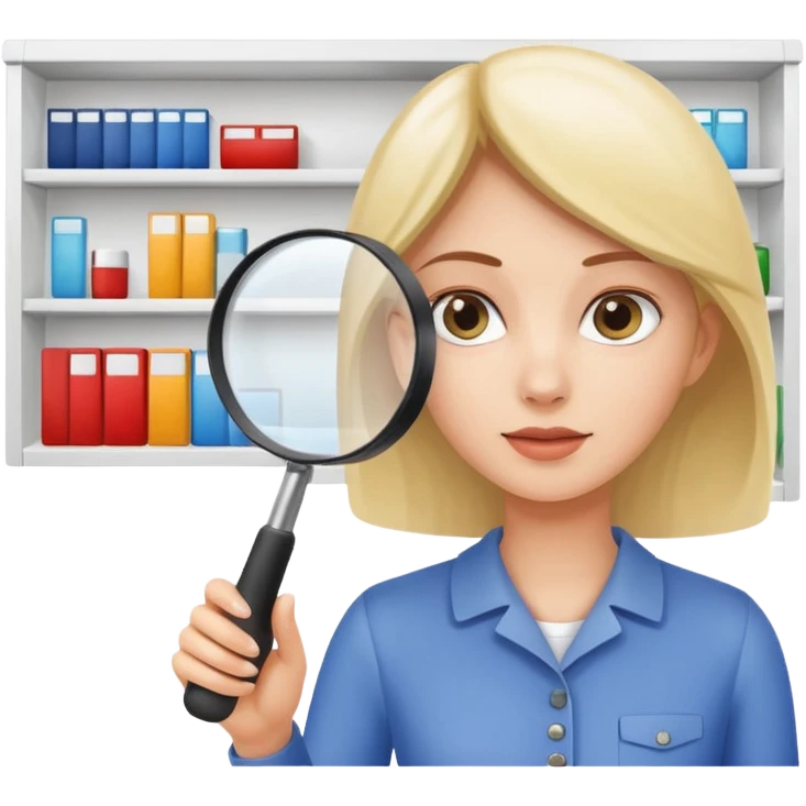 emoji of white empty shelf in perspective view with a woman nearby, she is looking at the shelfs with a magnifying glass emoji