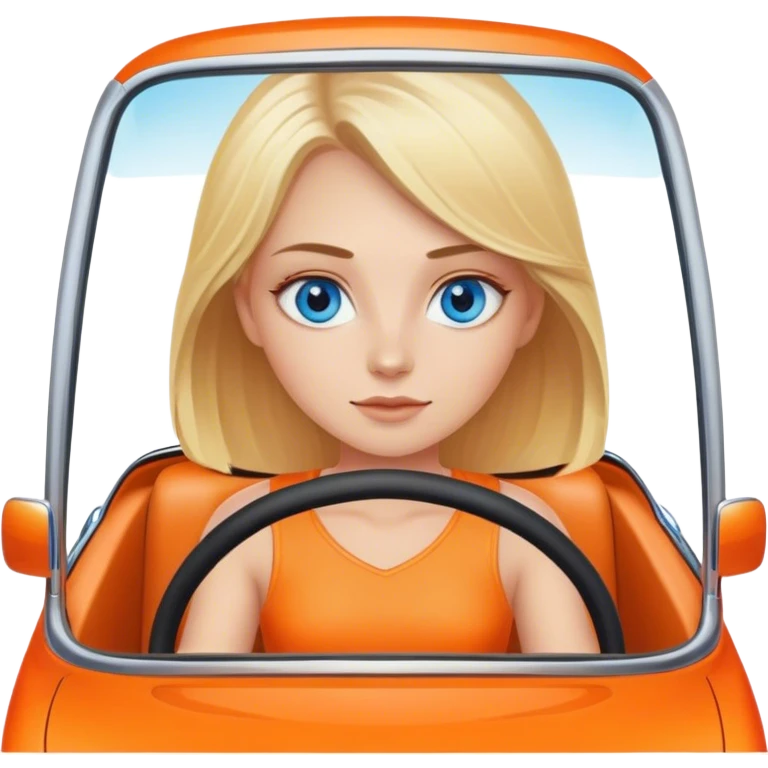 A cinematic realistic blonde with blue eyes is driving an orange car emoji
