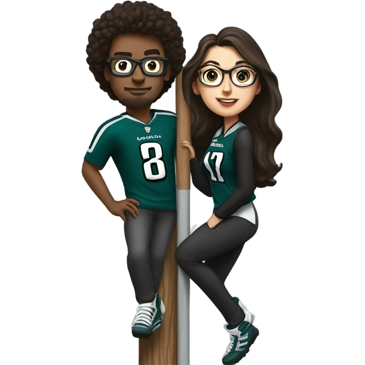 Dark brown hair female with glasses and white male with light brown hair who are both eagles fan climbing up a pole emoji