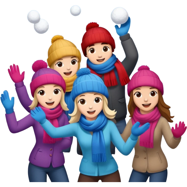 a group of friends having a snowball fight, winter hats and scarves, playful emoji