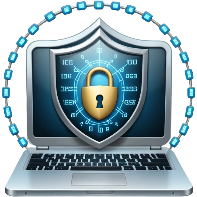 An icon featuring a digital shield with a lock, binary code, symbolizing cybersecurity. The design includes a laptop, warning icons, and secure network nodes, representing protection against cyber threats. Transparent background highlights digital safety and defense. emoji