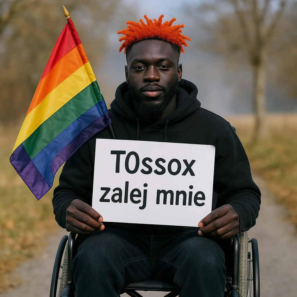Black man with red hair sitting on wheelchair holding lgbt flag holding text "T0ssox zalej mnie" emoji