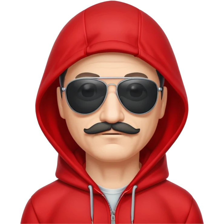 50-year-old man with a thin mustache, black aviator sunglasses, wearing a red hoodie with hood up emoji