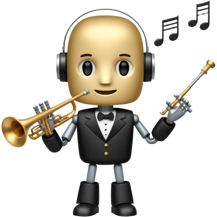 robot a sophisticated and elegant emoji that represents orchestration and arrangement. The design should feature a conductor’s baton, musical notes, and a symphonic score, symbolizing the process of arranging and orchestrating music. Incorporate instruments like a violin, trumpet, emoji