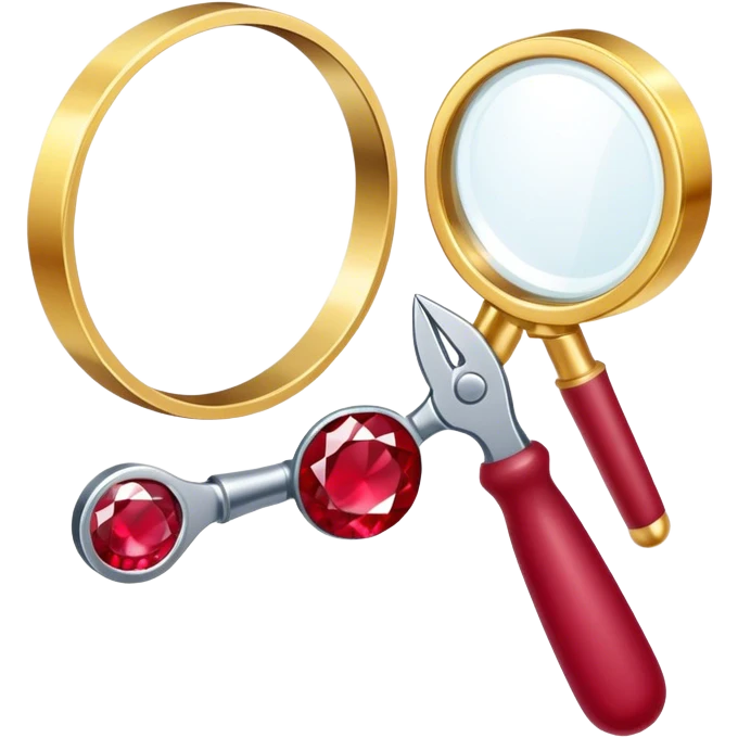Jewelry art icon. A ring with a golden ruby through magnifying glass and pliers. Minimalistic style, clean lines, transparent background. emoji