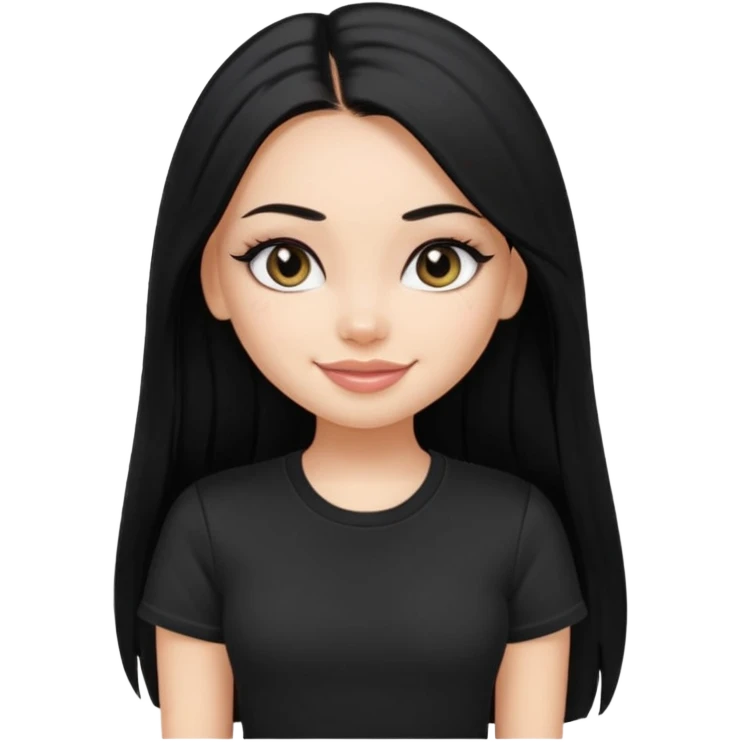 a pretty bratz fair girl with straight long black hair, wearing a black tshirt, smiling, eyeliner on emoji
