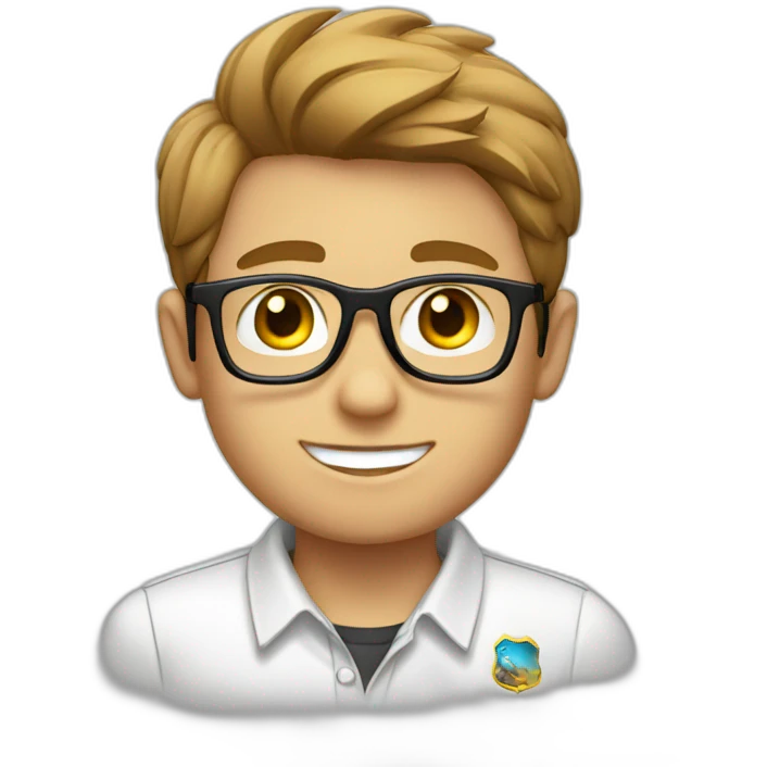 Light brown hair boy with glasses, with a white shirt and a badge with a logo GFT emoji