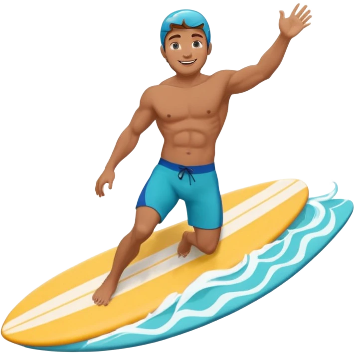 human male surfer riding a turquoise wave, muscular torso, shorts, big smile, bright sun, centered emoji, summer palette emoji
