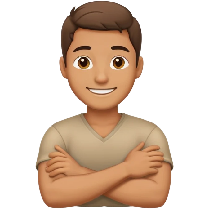 Man with crossed arms and hand around neck smiling emoji