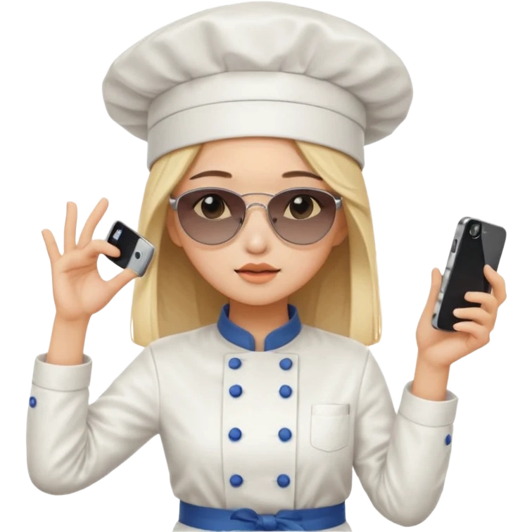 [b"A sad wooman with loight skin,k straight  hair, weawring a chehf hat andi sunglassels, dressee in K-pop  fashion, his dancino while hollding a phdone."] emoji