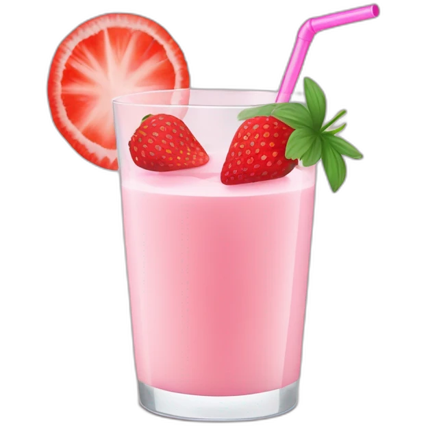 a glass of strawberry milk with a striped straw and a cocktail umbrella emoji