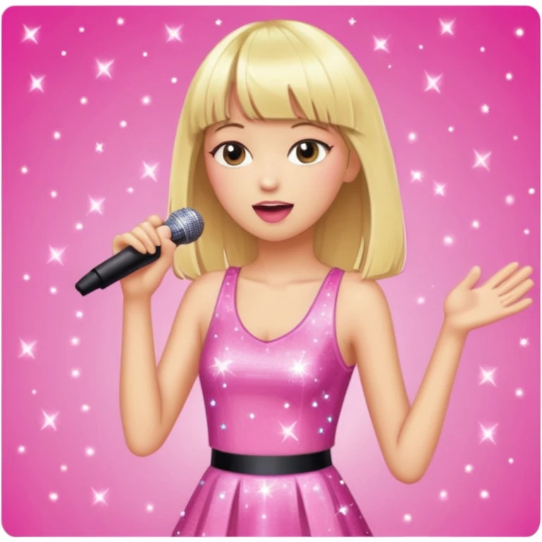Pretty and thin tall Blonde pop star with bangs singing onstage, wearing a sparkly pink outfit   emoji