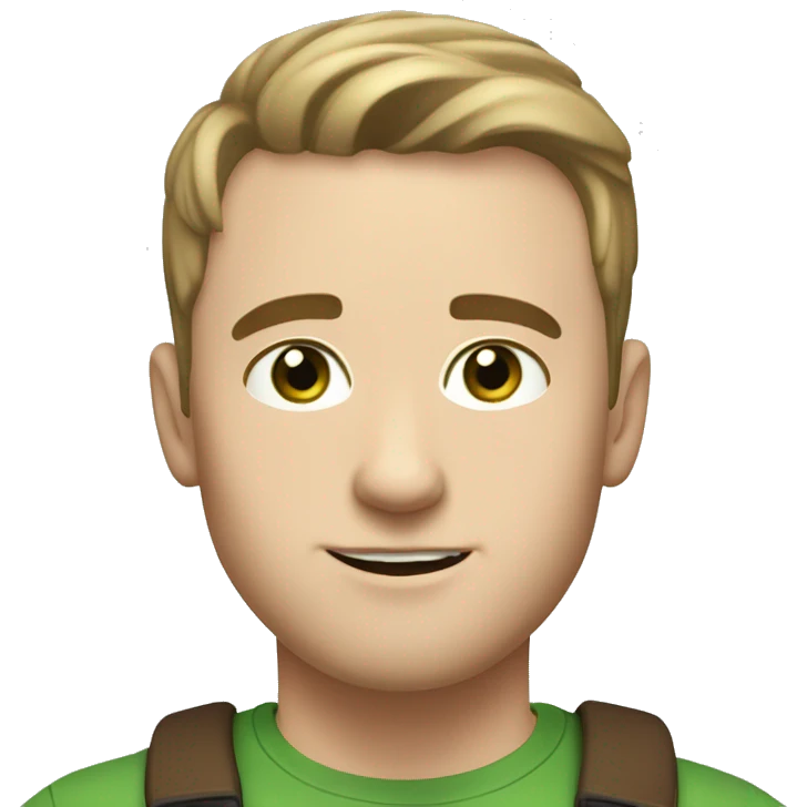 white guy, 30 years old, white skin, round face shape, wide nose, big eyebrows, no beard, very short hair, green eyes, brown hair emoji