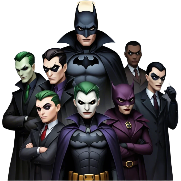 Icon for Thriller Movies: A large, dramatic collage featuring sinister villains in dark clothing. The background shows the gloomy cityscape of Gotham, with dim lighting and eerie shadows. The atmosphere should be tense, mysterious, and suspenseful. Transparent background. emoji