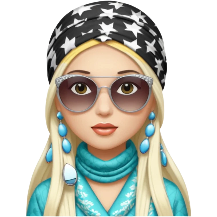 white pop singer girl, chic, long straight platinum hair, patterned headscarf, big sunglasses emoji