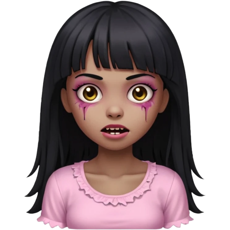 light-skinned black zombie girl with long black hair and bangs, wearing a light pink blouse, cute wink emoji