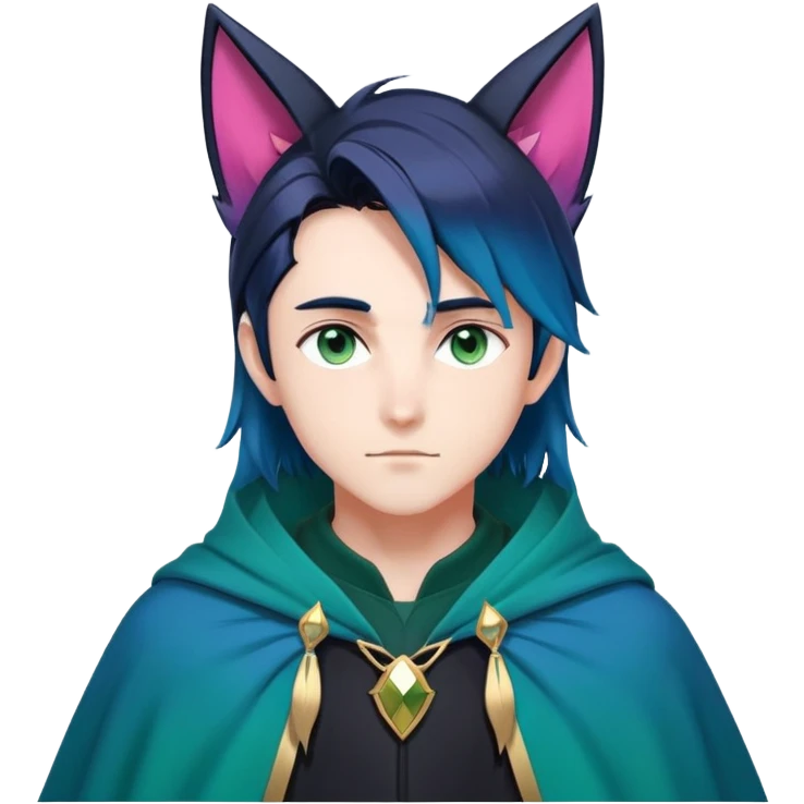 anime man with straight long dark-blue-black-gradient hair, long black fox ears with pink Scapha, hazel-gradient-brown-turquoise eyes, gold earring, dark-blue-sweater, green cape,  emoji