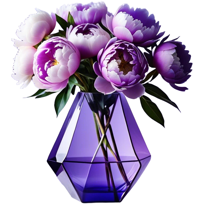 "An artistic composition of peonies in dreamy shades of light violet, lavender, and periwinkle, placed in a geometric glass vase with a glowing purple tint. The flowers have softly abstracted, fluid shapes, with petals that appear to merge and drift like ink in water. A translucent, ribbon-like strand of soft lilac wraps around the vase, floating weightlessly as if suspended in motion."
 emoji