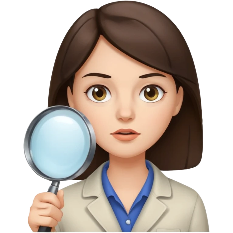 A brunette woman holding a large magnifying glass and squinting at something to intently emoji