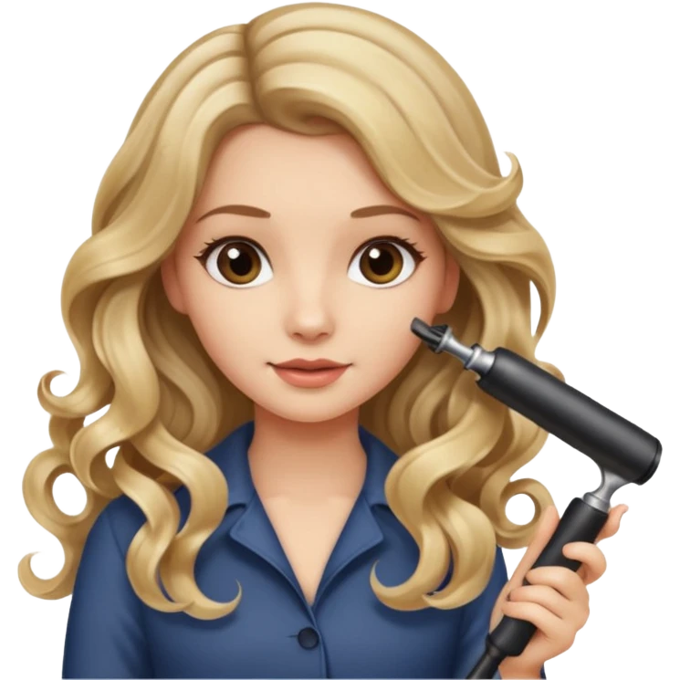 pretty girl with long wavy dirty blonde hair holding a hair styling hot curling tool, curling her hair  emoji