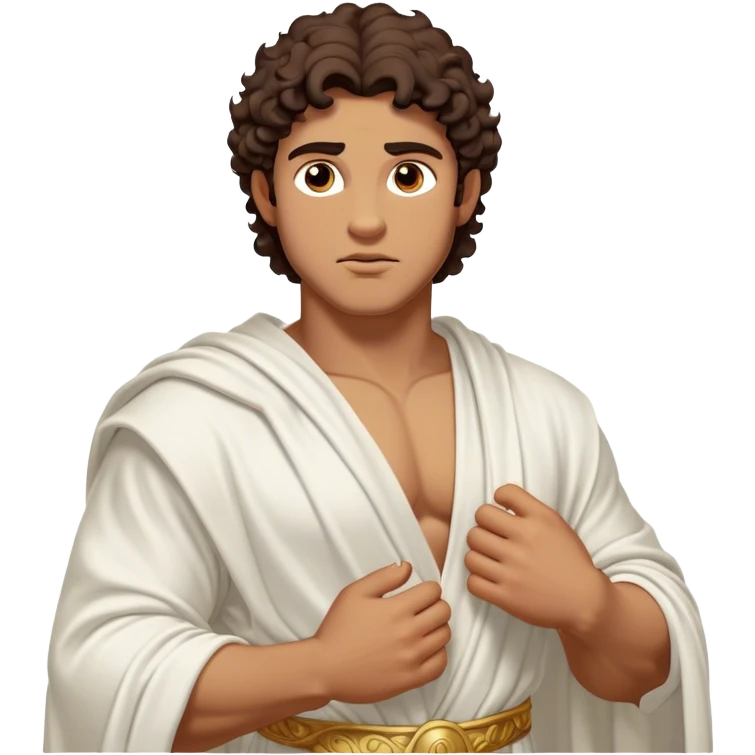 Cinematic Realistic Hercules Portrait, depicted as a classical Greek hero inspired by the Disney version yet echoing the refined proportions and serene dignity of Michelangelo's David. His idealized, sun-kissed tan skin glows with timeless strength, and his thick, curly wavy dark brownhair falls in natural, sculpted curls. Draped in a flowing white robe with delicate golden accents, his expressive eyes radiate determined nobility, all rendered under dynamic natural lighting with a mythic, radiant glow. emoji