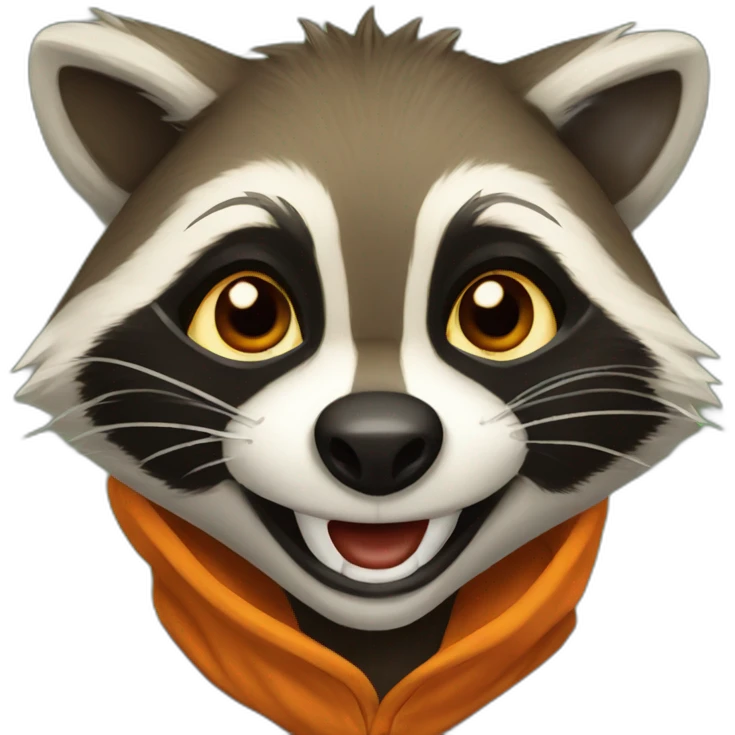 brown raccoon with orange eyes and a dark green hood that is laughing emoji